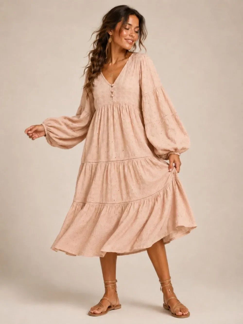 ASOS DESIGN Blush Embroidered Eyelet Tiered Midi Dress Sz 6